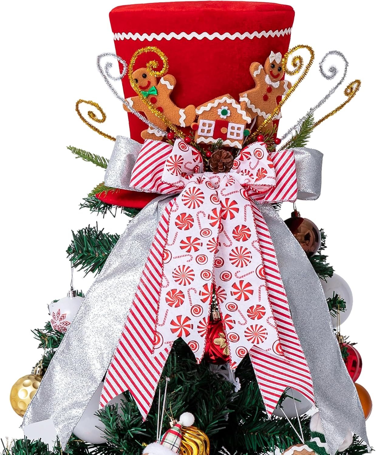 Tree Toppers - Christmas Tree Topper Hat, Gingerbread Man Christmas Tree Topper, Tree Topper Christmas Decorations with Bow Ribbon Christmas Tree Ornaments for Home Xmas Decor