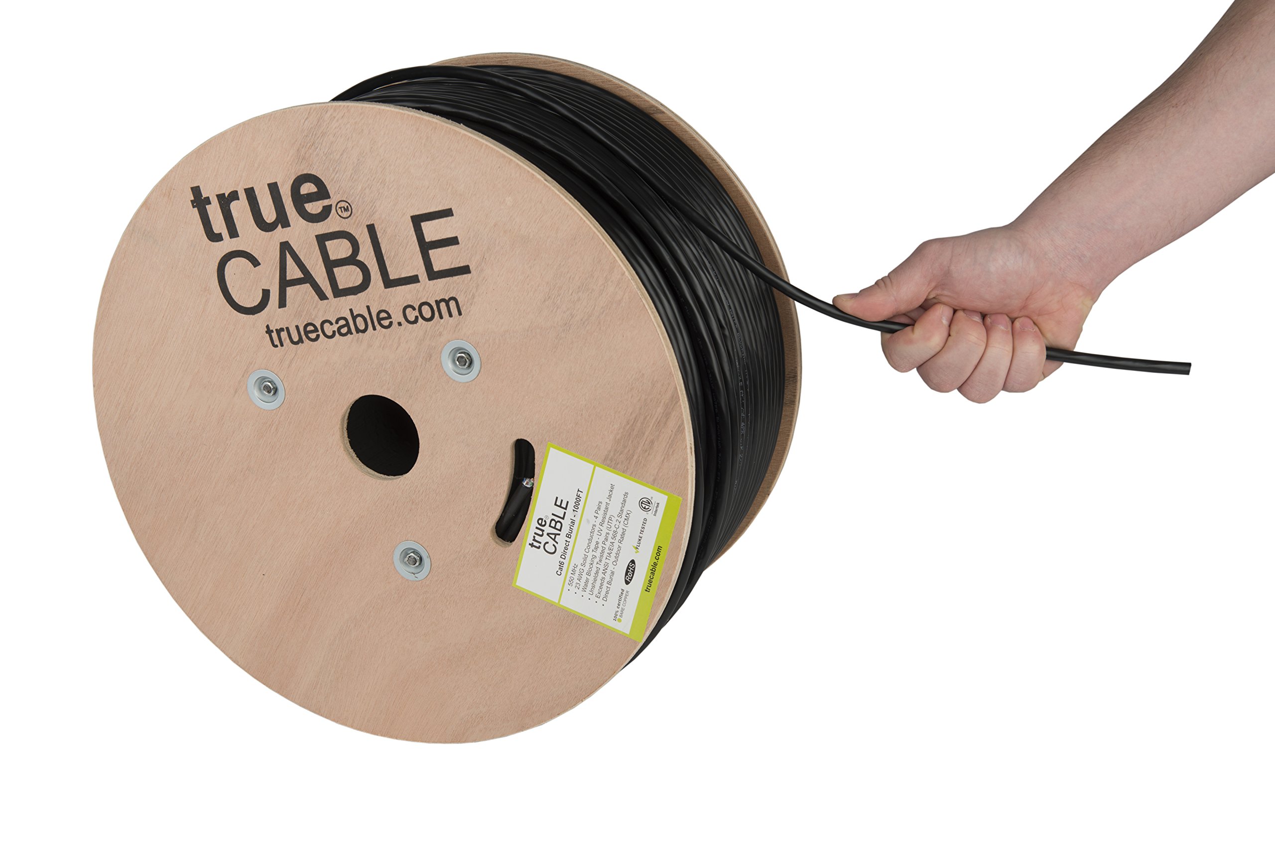 Cat6 Outdoor, 1000ft, Waterproof, Direct Burial Rated CMX, Unshielded UTP, Solid Bare Copper Bulk Ethernet Cable, 550MHz, ETL Listed, Black, trueCABLE by trueCABLE