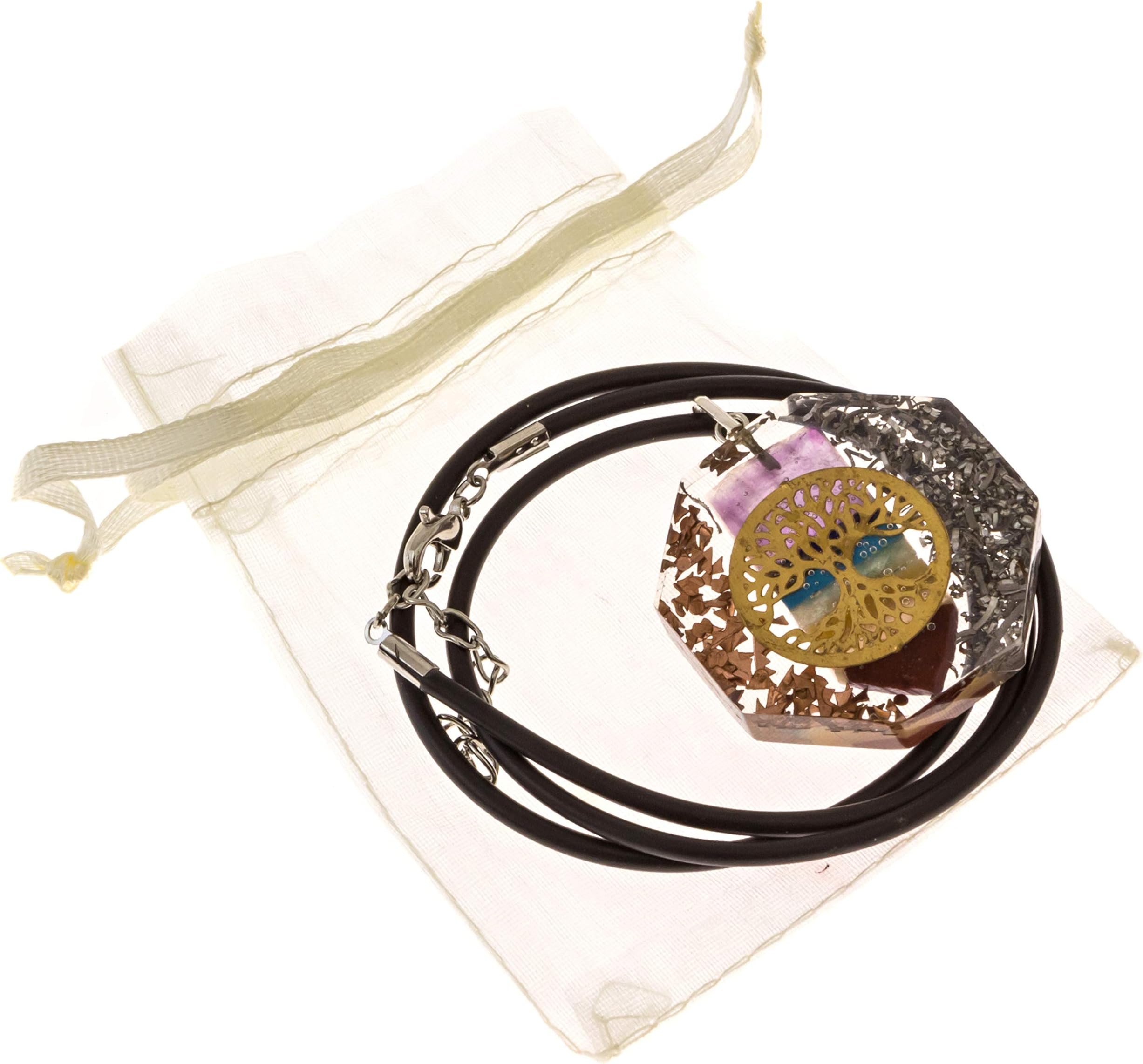 Reiki Tree of Life with 7 Chakra Crystals | EMF Protection and Sleep Aid | Orgone Pendant with Complimentary Leather Neck Cord and Bag