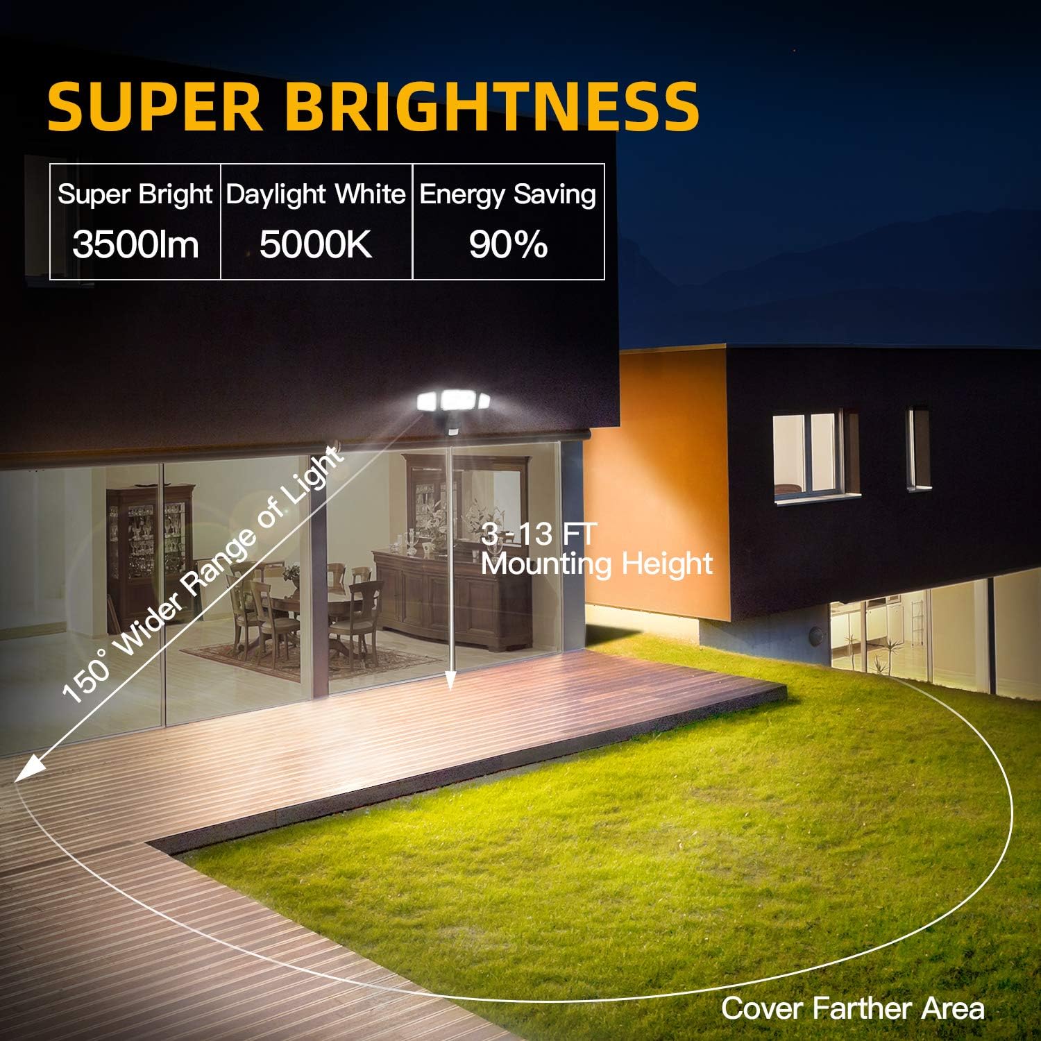 Amico 3 Head LED Security Lights Motion Sensor Outdoor Adjustable 40W, 3500LM, 5000K, IP65 Waterproof, ETL Certified, Exterior Flood Light for Garage, Yard - - 