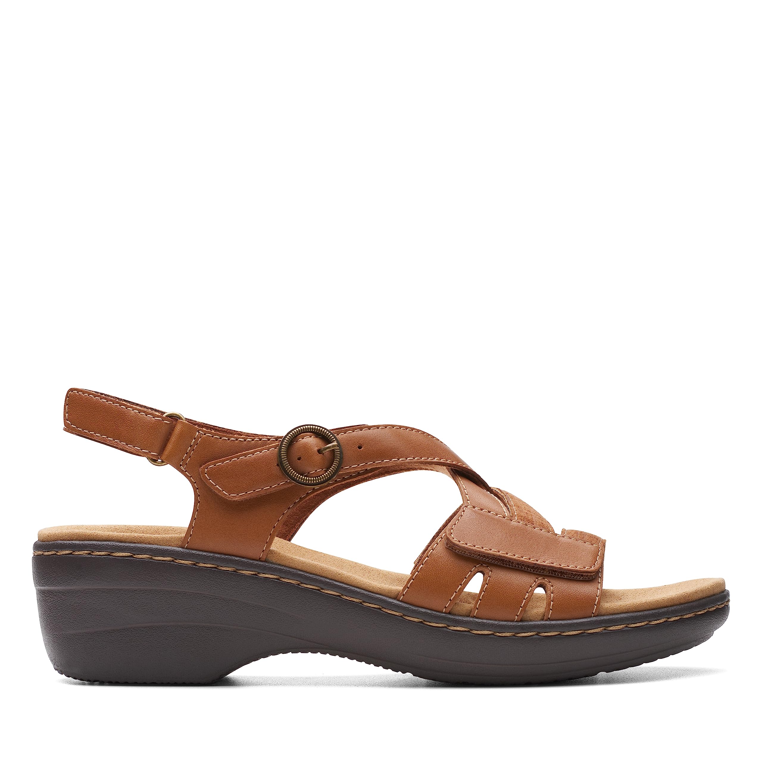 Clarks Women’s Merliah Bonita Wedge Sandal, Tan Leather, 7
