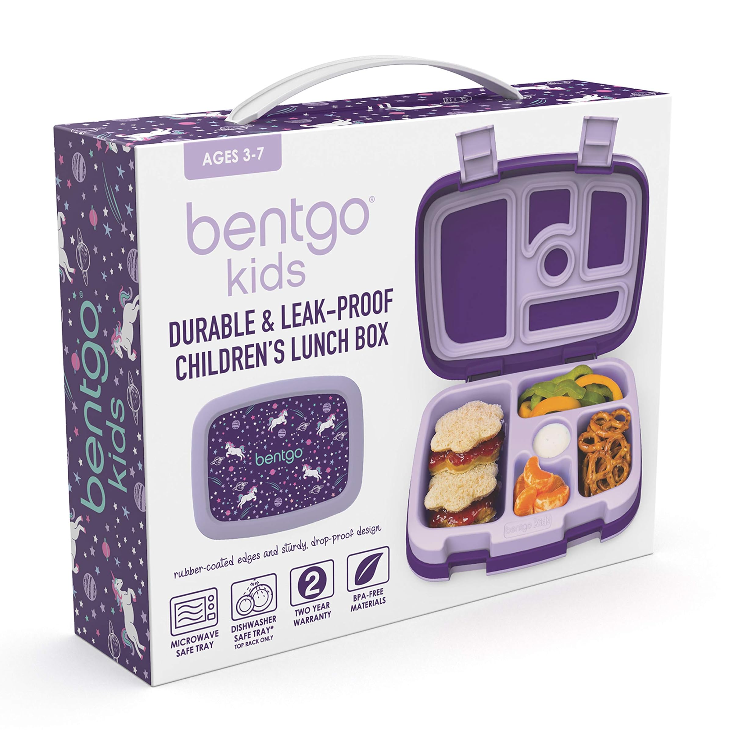 Bentgo Kids Printed Unicorn Leak Proof 5 Compartment Bento Style - Ideal Portion Size for Children Ages 3 to 7 Years Old BPA Free Food Safe Material