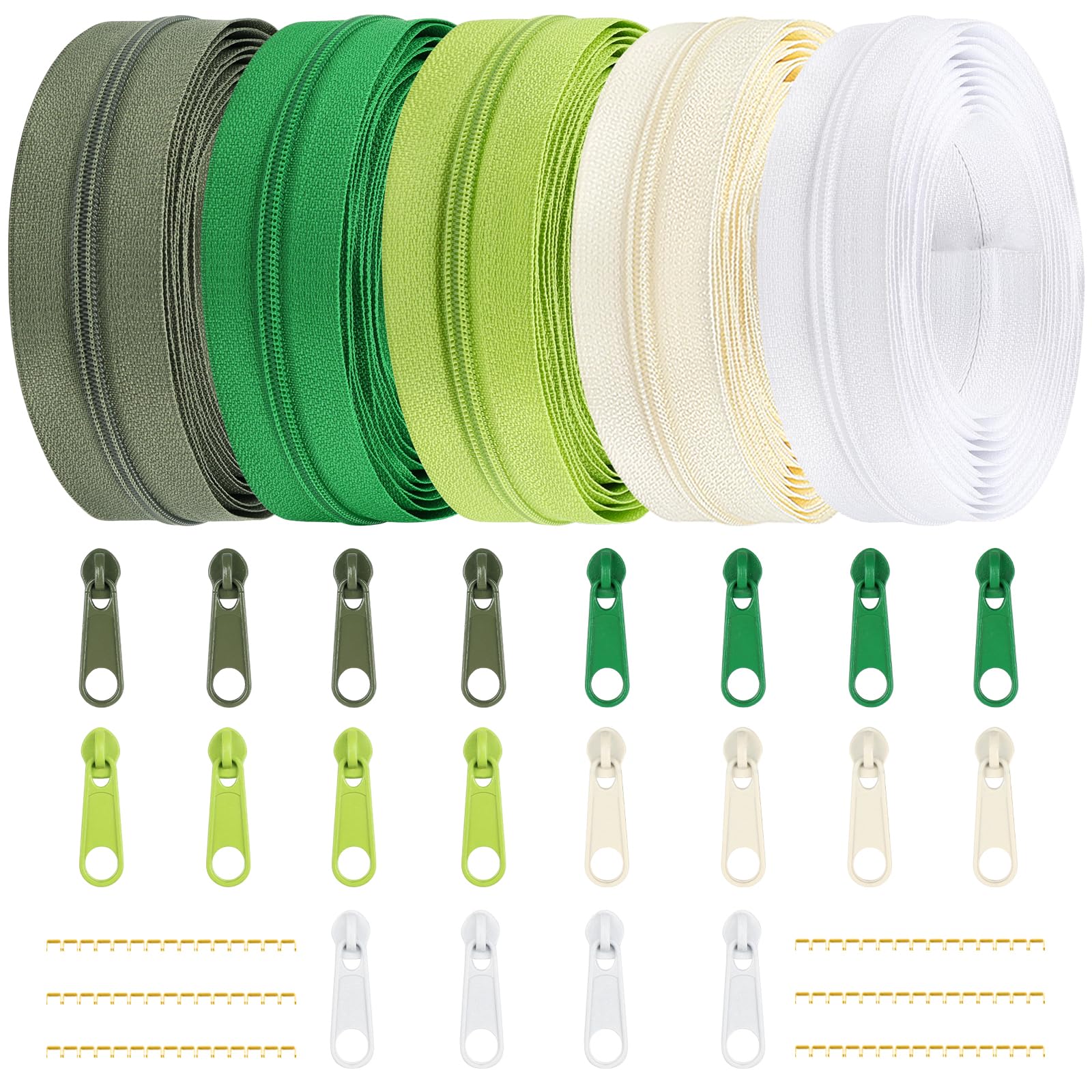 DOITEM 15.3 Yards/ 14 m 5 Pieces Assorted Colors #3 Nylon Coil Zippers, Sewing Zippers Endless Zips with 20 Pieces Zipper Sliders Zip Heads for DIY Sewing Tailor Craft Supplies (Green White) — image 1