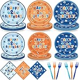 96Pcs Blue Dog 2nd Birthday Party Supplies Orange Blue I'm Two Birthday Plates and Napkins Happy 2nd Party Decorations Tableware Dinnerware for Kids Boys Girls Serves 24