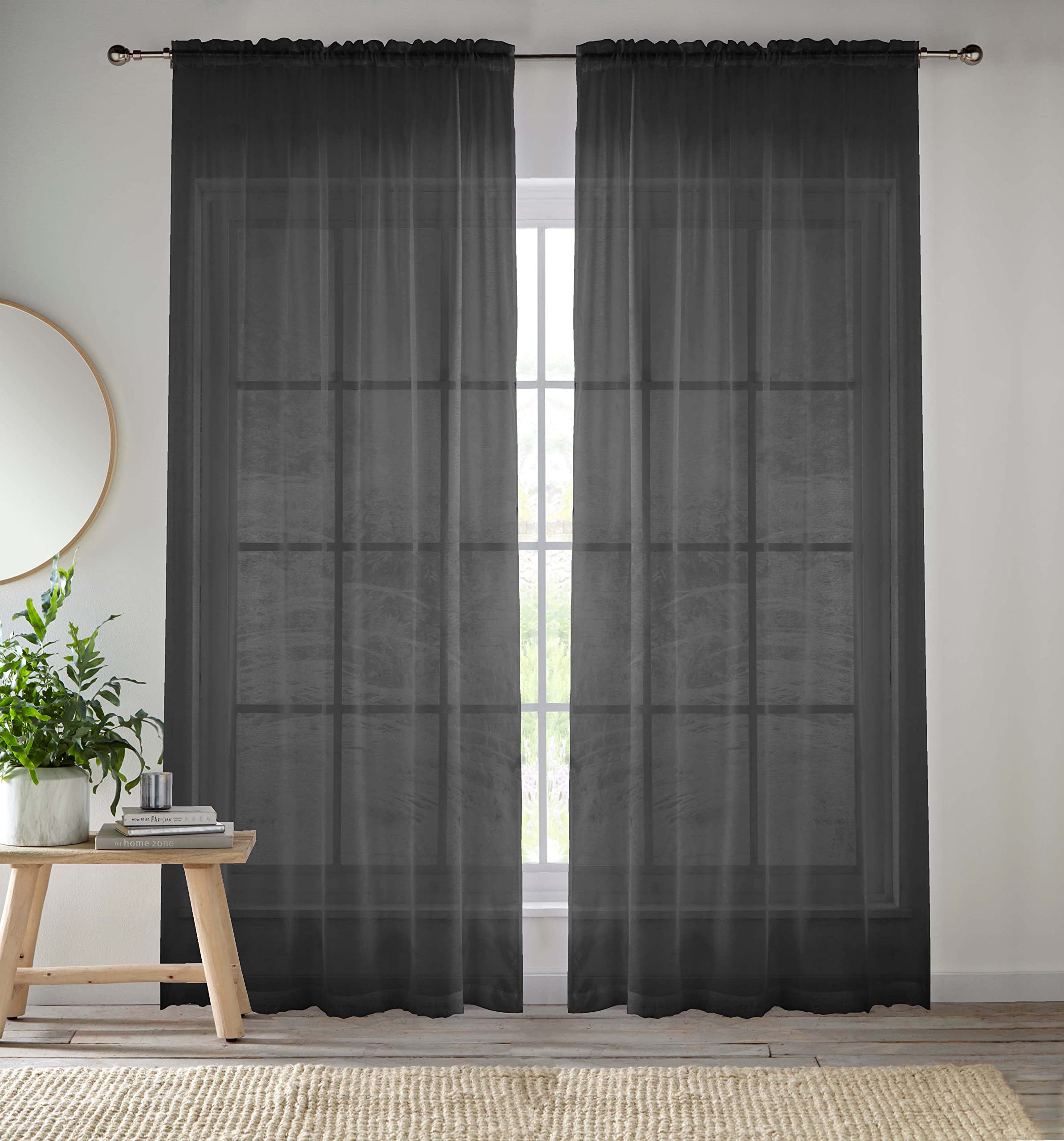 Enhanced Living Black Voile Curtains for Living Room Panel Pair - 57 Wide x 54 Drop - Plain Woven Slot Top Sheer Curtains (57"x54") 145x137cm