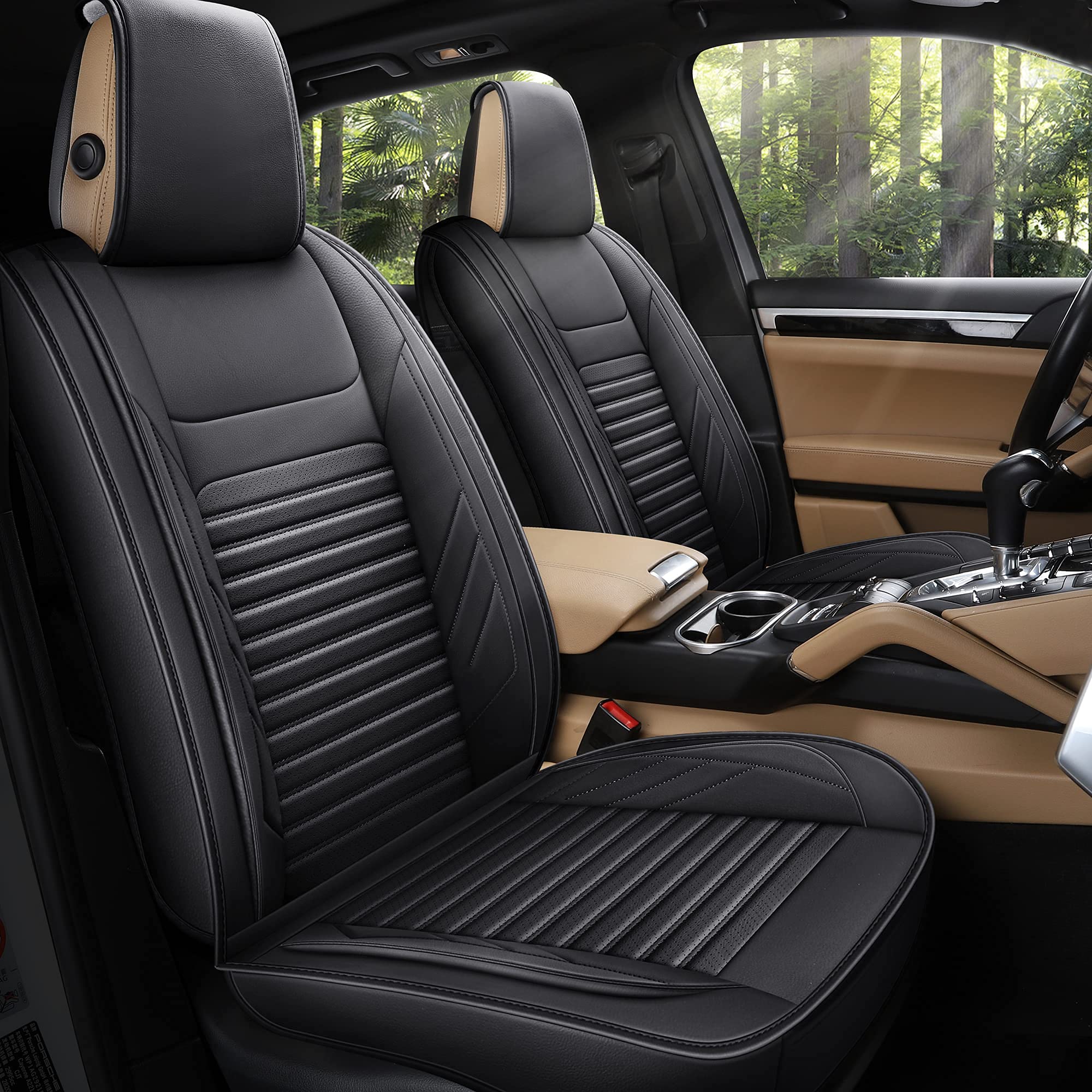 AOOG Leather Car Seat Covers, Leatherette Automotive Seat Covers for Cars SUV Pick-up Truck, Non-Slip Vehicle Car Seat Covers Universal Fit Set for Auto Interior Accessories, Full Set, Black.