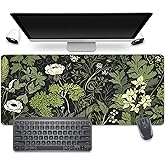 PBLJMJ Sage Green Floral and Plant Desk Pad Mouse Pad,Large Gaming Floral Mouse Mat with Stitched Edges,Non-Slip Waterproof Rubber Base Mousepad for Office Work Home Desk Mat(27.5X11.8 in)