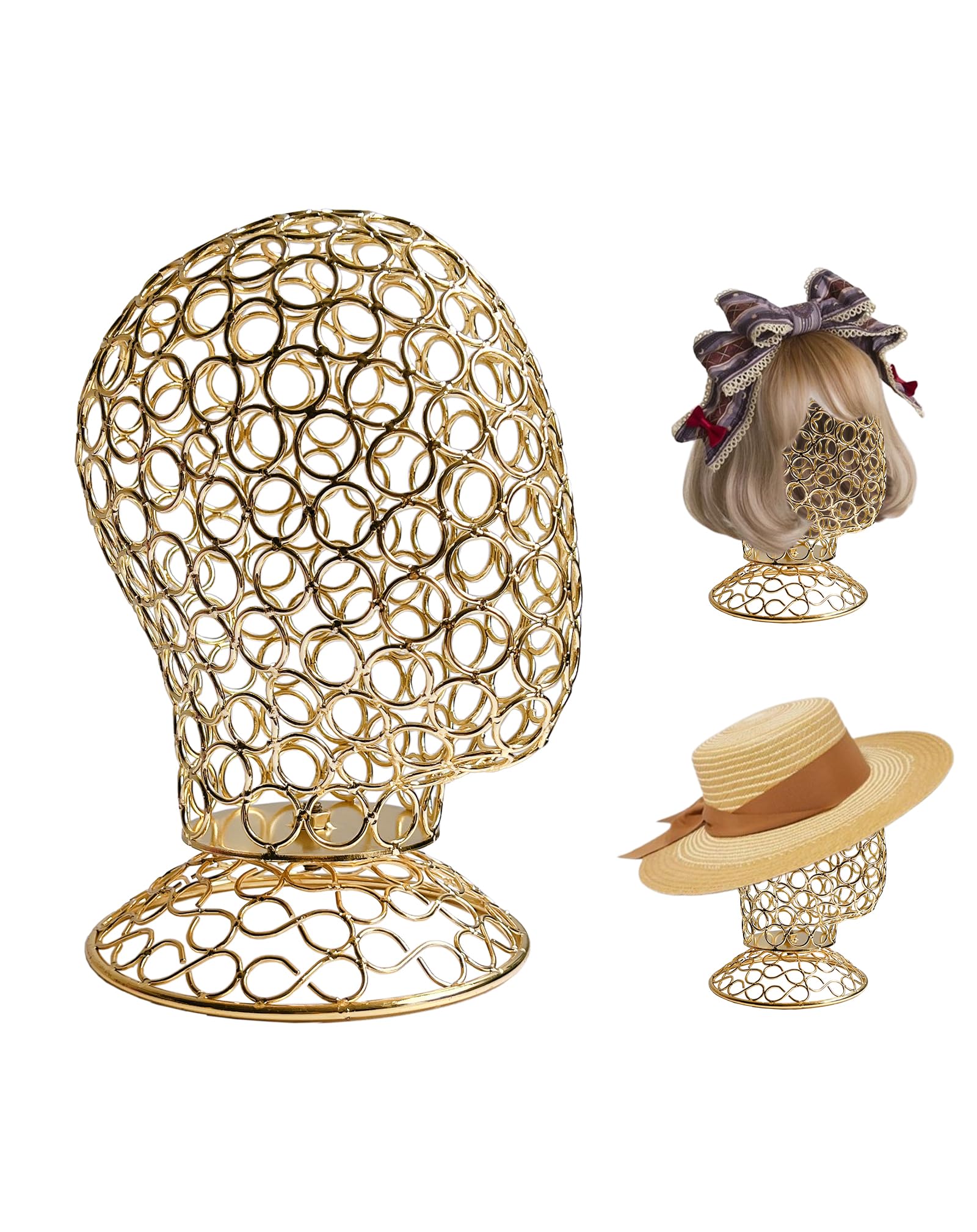 Photo 1 of CHADWICK Wig Head Stand Metal Hollow Mannequin Head Hat Display Stand Wig Holder, Wig Display Model Head Wig Stand for Wigs, Hats, Caps, Headdress, Headphones, Dome + Detachable Stand, Chrome Gold
