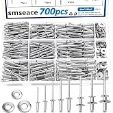 smseace 700Pcs 304 Stainless Steel Pop Rivets Kit with Washers 8-Size Blind Rivet Assortment 1/8 5/32 3/16 Inch, Steel Rivets for Furniture Automotive Sheet Metal Repair