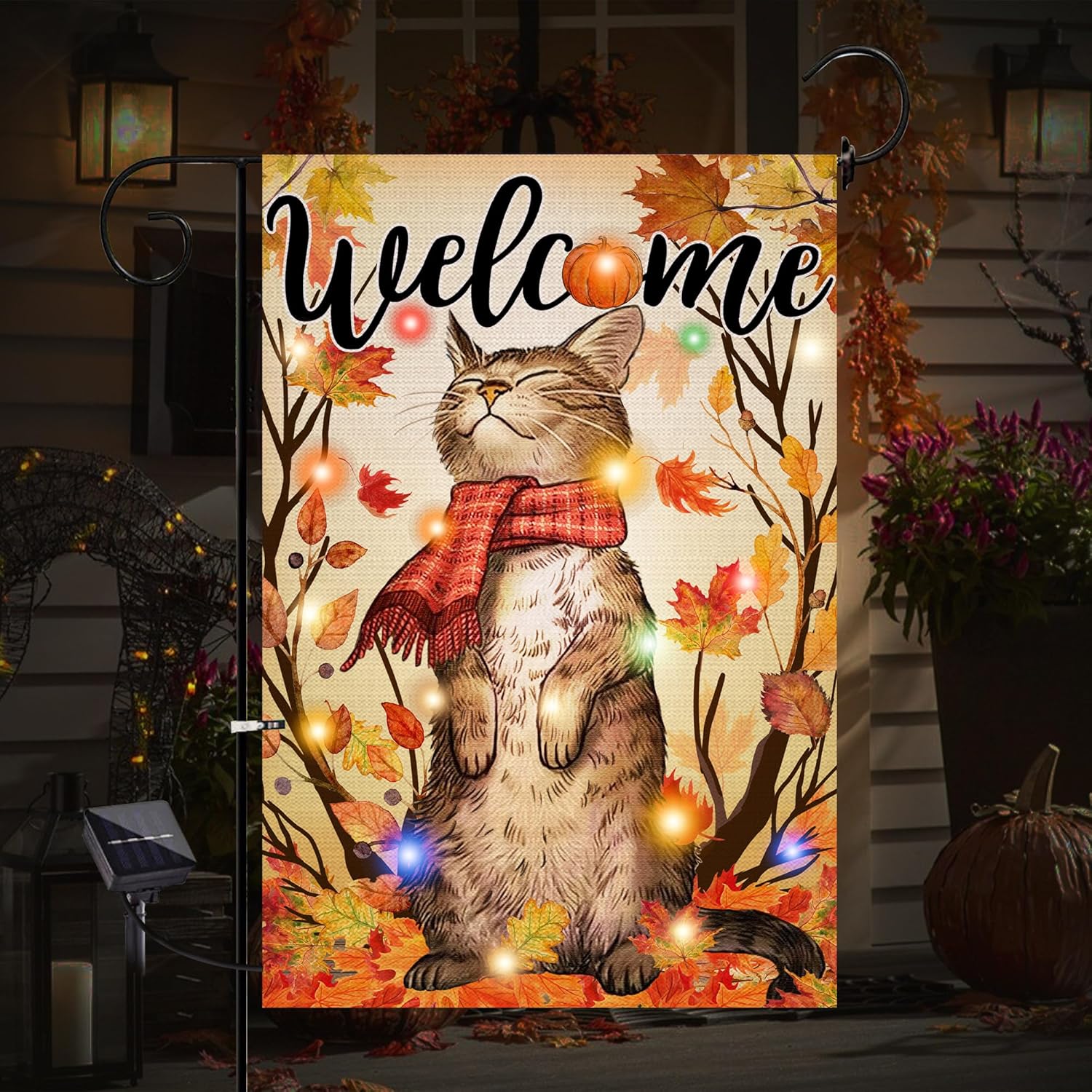 Flags - Light up Cat Fall Garden Flag, Solar LED Lighted Fall Flag 12 X 18 Double Sided, Farmhouse Cat Outdoor Fall Decor Fall Decorations for Home Porch Outside Yard, Fall Light Decor for Thanksgiving Autumn