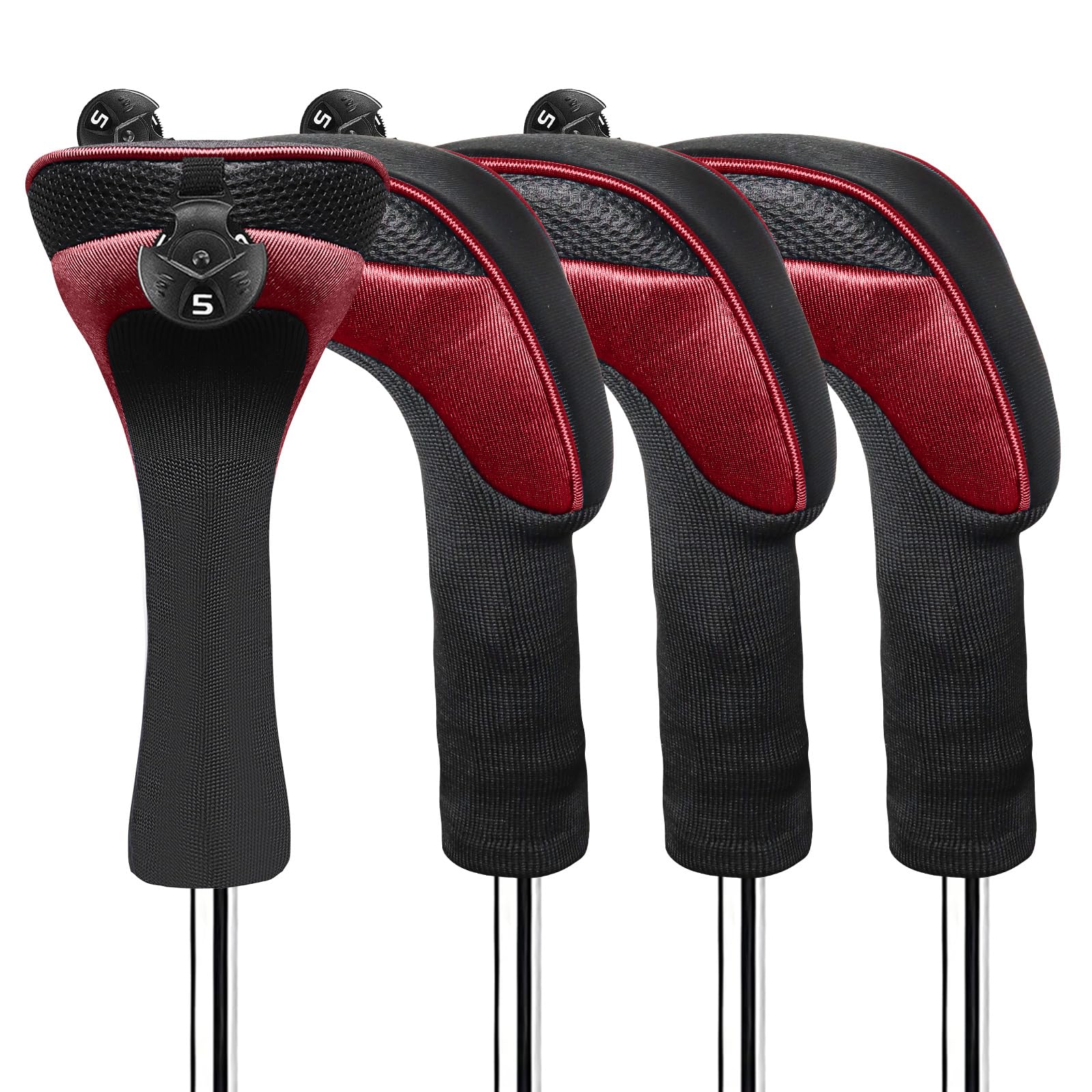 FINGER TEN Golf Club Head Covers Woods Hybrids Long Cover, Headcovers with Interchangeable No. Tags Fit All Hybrids Wood Clubs Light Durable (Carmine-4 Pack Hybrid Covers)