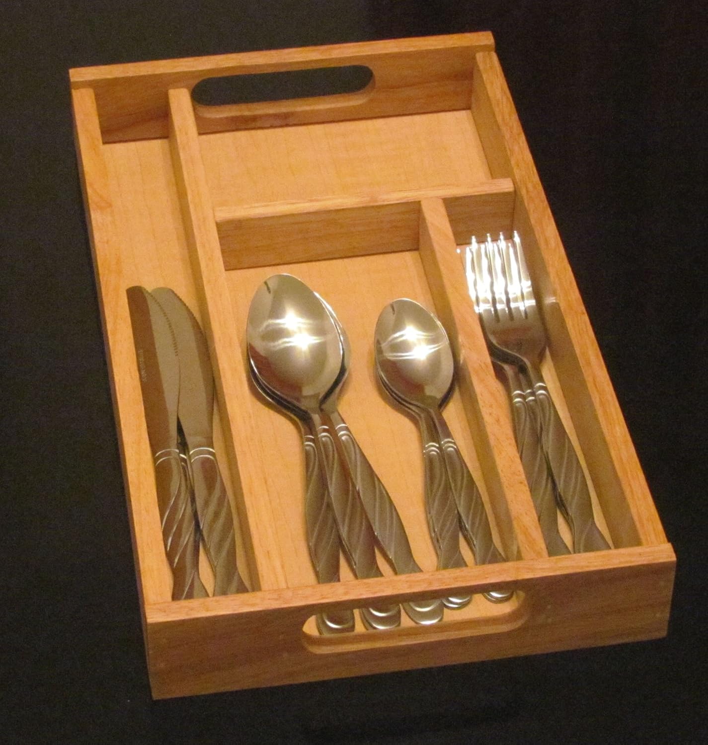 Cutlery Tray with Four Sections Including Cutlery Set, Wooden, 35cm x