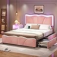 MSmask Full Size Bed Frame with 4 Storage Drawers and LED Lights, Velvet Upholstered Platform Bed Frame with Height Adjustable Headboard, LED Bed Frame with Type C & USB, No Box Spring Needed, Pink