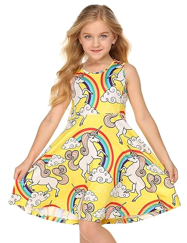 Mädchen Einhorn Meerjungfrau Blumen Karikatur Prinzessin Skaterkleid ärmellos A-Linie Sommerkleid Swing Fattern T-Shirt Kleid