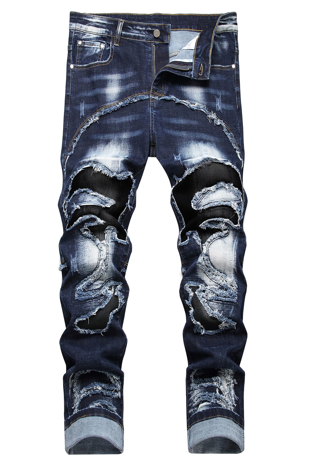 Baylvn Men's Designer Straight Slim Fit Patchwork Jeans Comfort Skinny Biker Denim Pants