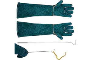 Tanstic 2Pcs Animal Handling Gloves Bite Proof with Collapsible Snake Hook, 24 Inch Bite Resistant Gloves, 26 Inch Snake Catc