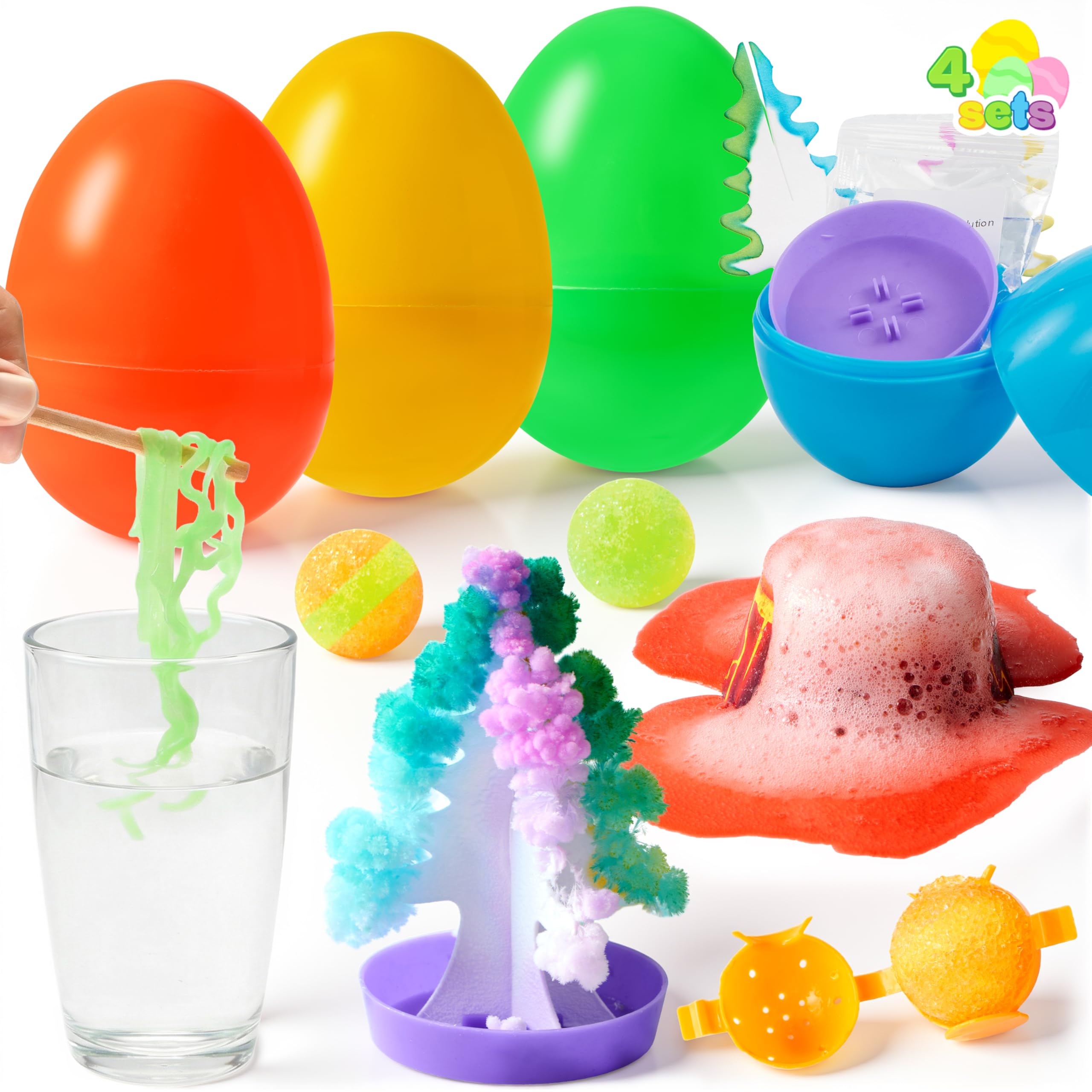 JOYIN 4pcs Jumbo Easter Science Experiment Eggs, Colorful Eggs Prefilled with 4 Fun Educational Science Experiment, Egg Hunt, Basket Stuffers for Kids, Easter Theme Party Favors