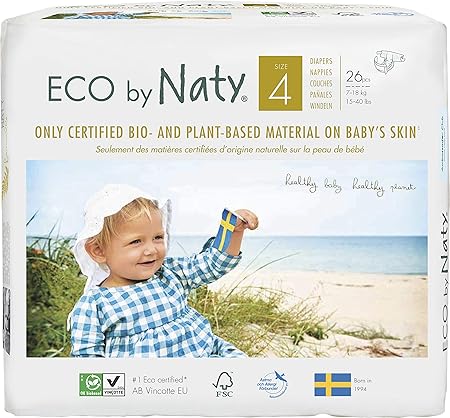 NATY by Nature Babycare 8178389 Eco by Naty Premium Bio-Windeln für empfindliche Haut, Größe 4, 7-18 kg, 6 Packung à 26 Stück