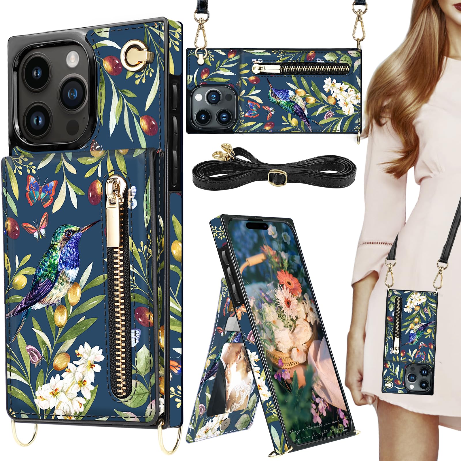 HOGGU Compatible for iPhone 16 Pro Max Case Wallet with Strap Crossbody, Card Holder [RFID Blocking], Magnetic Closure Flip Floral Leather Protective Shockproof Phone Case for iPhone 16 Pro Max 6.9’’