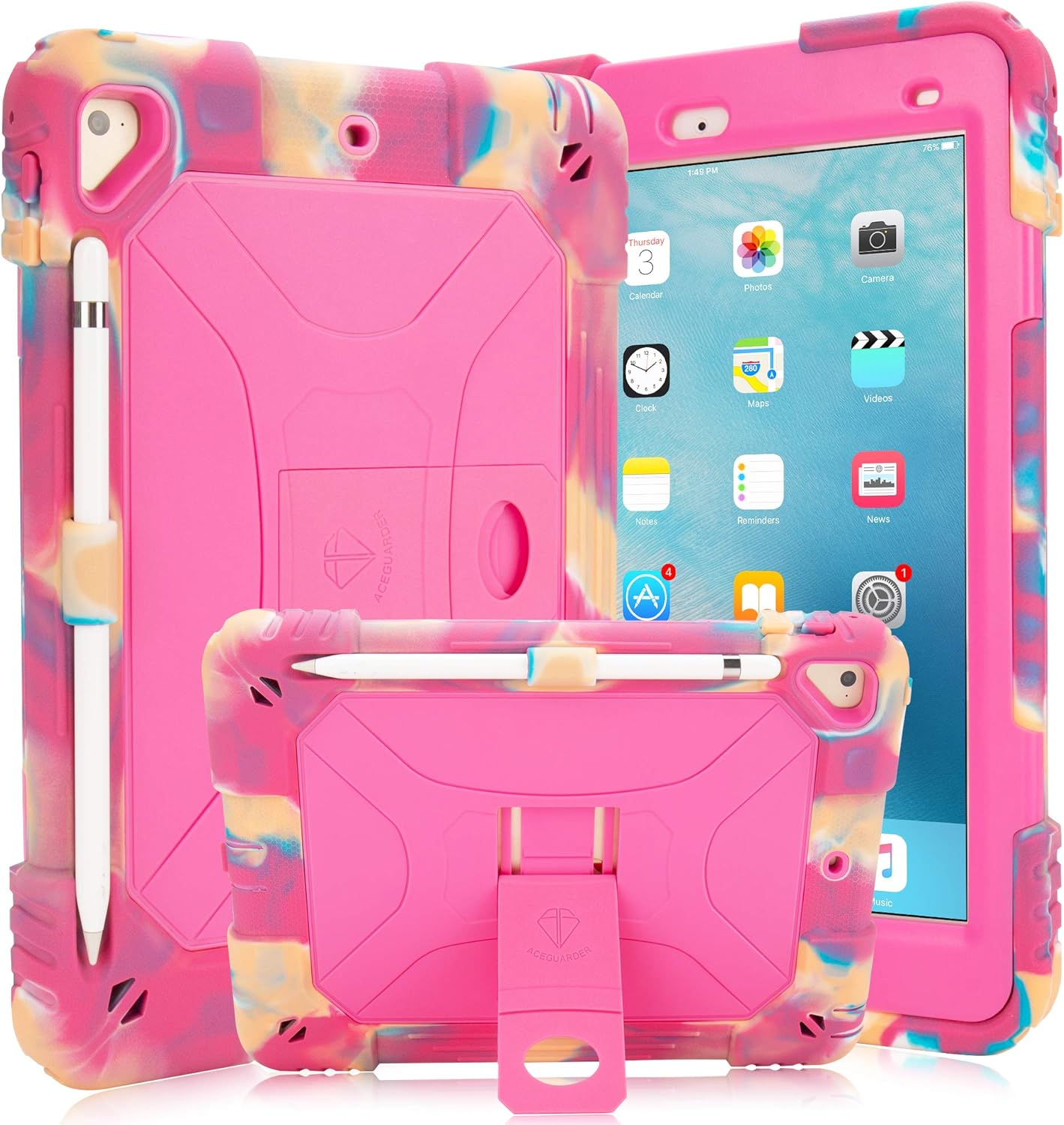iPad 9.7 Case iPad Air 2 Case iPad 6th/5th Generation Case with Durable Kickstand Hybrid Three Layer Heavy Duty Kids Case with Shockproof for iPad 2 Air & iPad 6/5 gen(2018/2017) (Pink Camo/Rose)