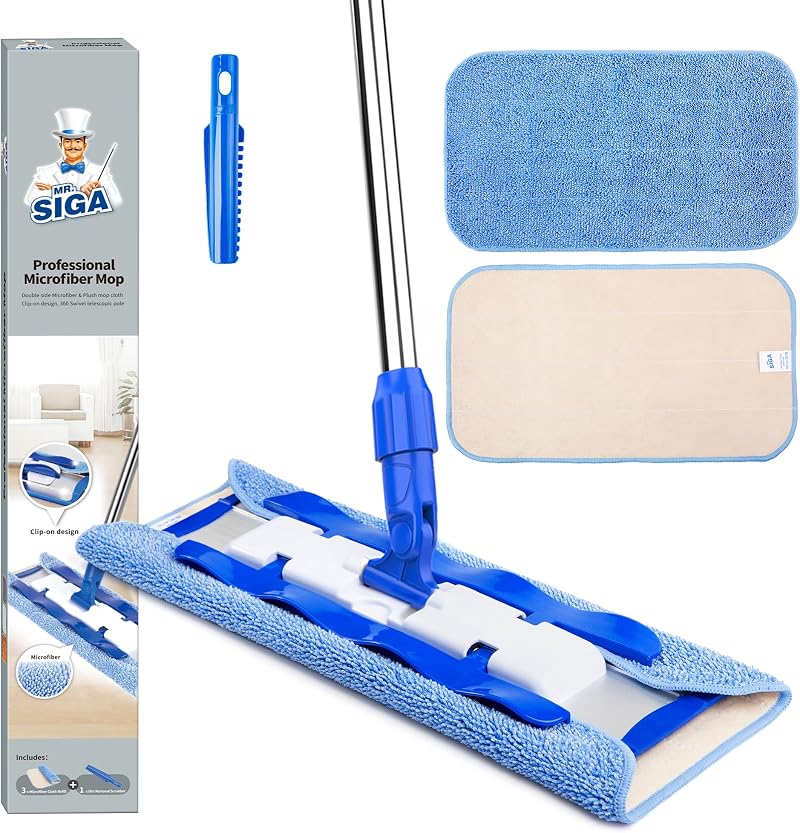 MR.SIGA Microfiber Floor Mop with Telescopic Handle and 3 Cloths