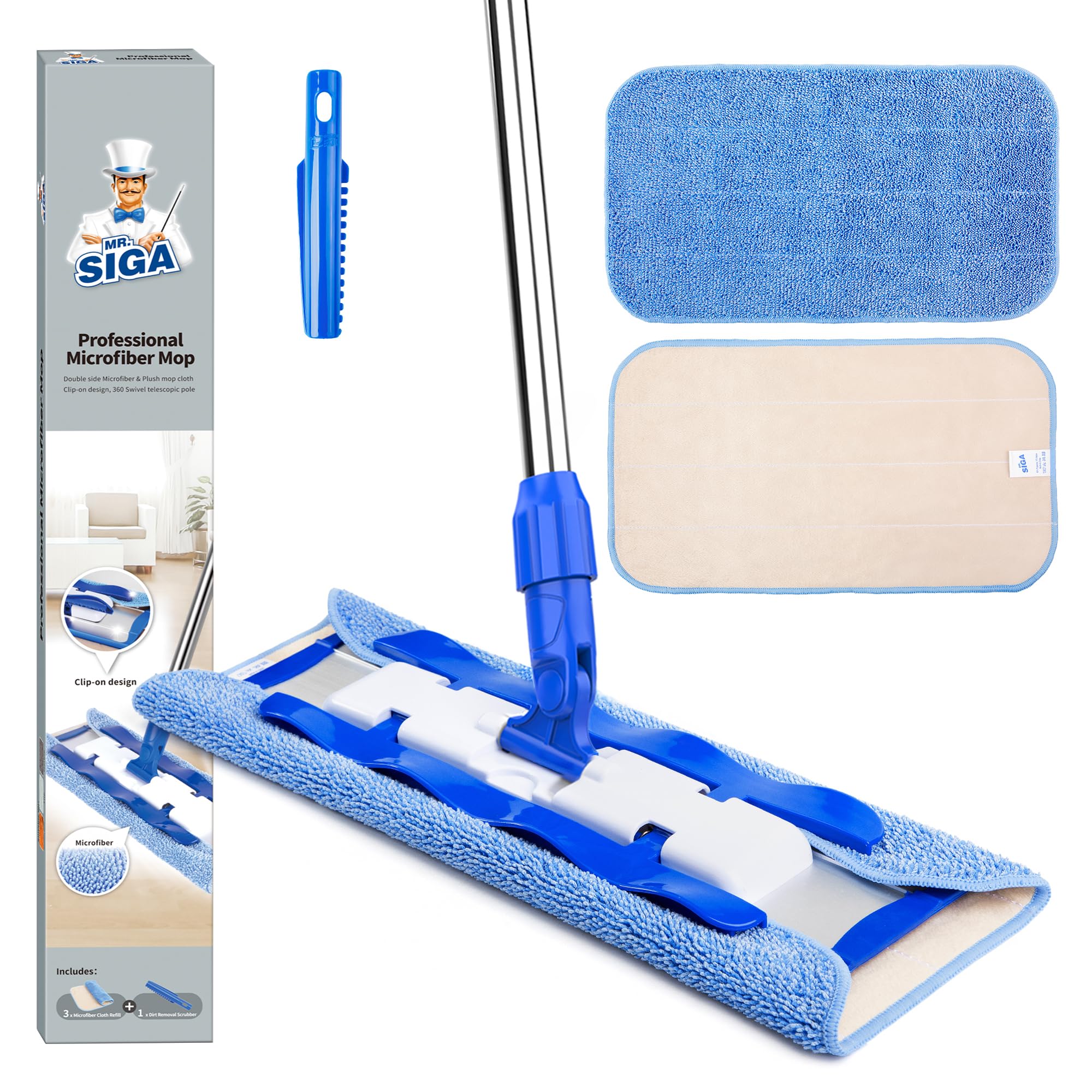 MR.SIGA Professional Microfibre floor Mop for Hardwood, Laminate, Tile Floor Cleaning, Stainless Steel Telescopic Handle - 3 Reusable Microfibre Cloths and 1 Dirt Removal Scrubber included