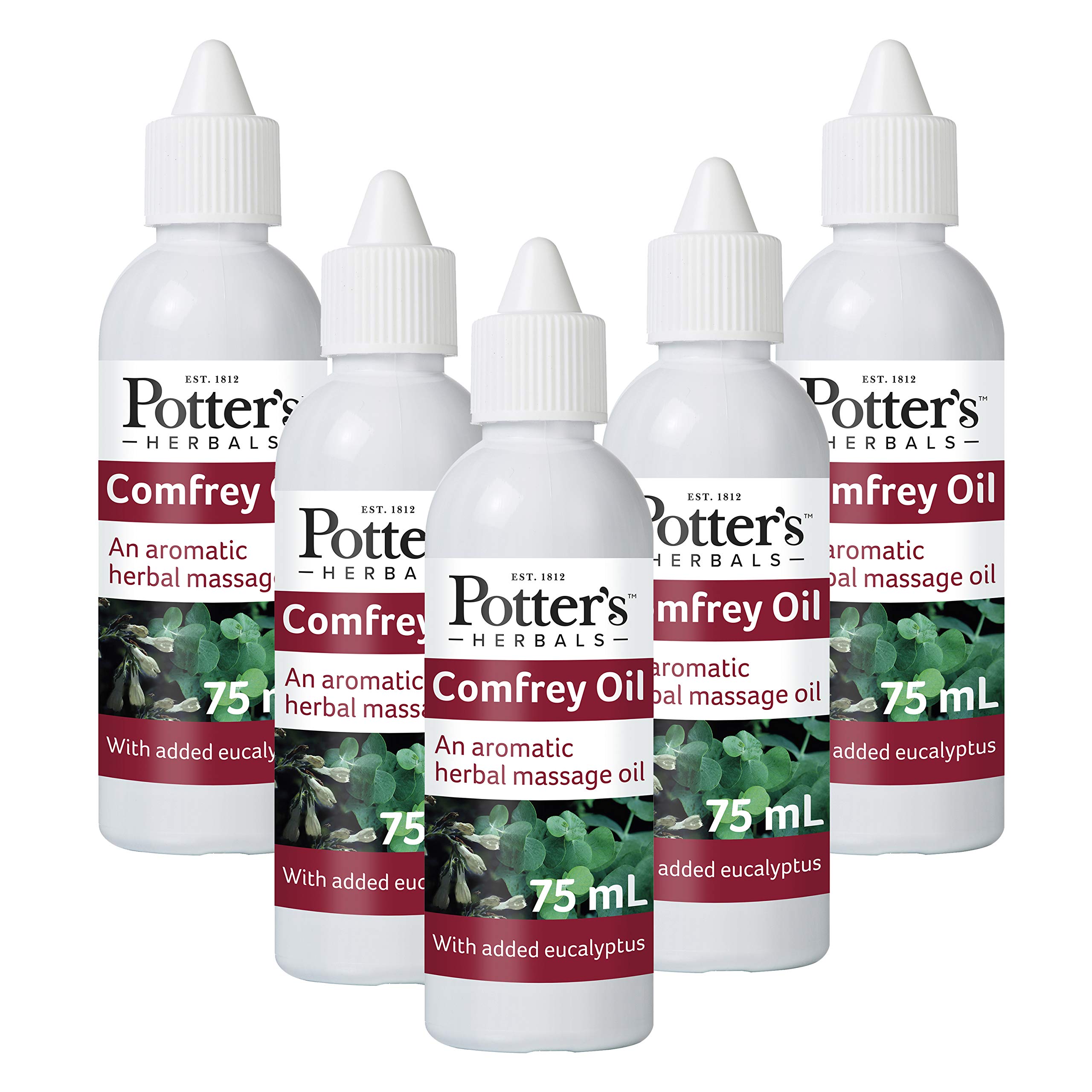 Potter's Herbals Comfrey Oil | 5X 75 ml Bottle | with Extract of Comfrey (Also Known As Knitbone) and Eucalyptus Oil | Aromatic Herbal Massage Oil (Pack of 5)