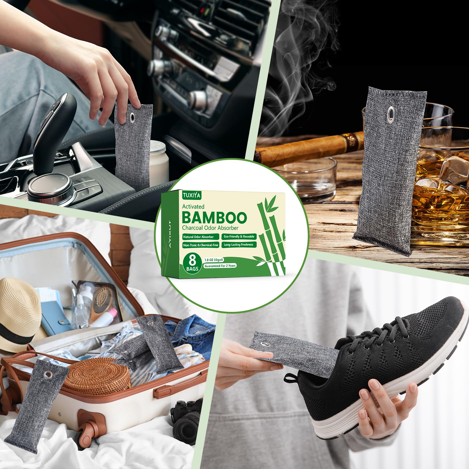 TUXIYA 8Pack Activated Charcoal Odor Absorber, Odor Eliminator for Strong 0dor,Shoe Deodorizer,Bamboo Charcoal Air Purifying For in Car,Closet,Shoe, Basement(50g/1.77oz Each)