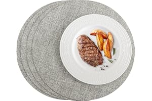 Romanstile Round Placemats Set of 4, Reversible Faux Leather Table Place Mats 100% Waterproof Oil-Proof Non-Slip Wipeable Double-Sided Vinyl Table Mats for Kitchen/Dining/Party, Light Grey