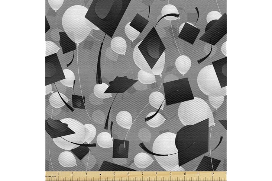 Lunarable Graduation Fabric by The Yard, Clutter of Mortarboard and Balloons in Greyscale Tones, Decorative Fabric for Upholstery and Home Accents, 3 Yards, Grey Charcoal