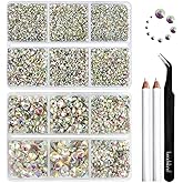 Beadsland 8300PCS Flatback Rhinestones, AB Crystal Rhinestone Round Crystal Rhinestones for Crafts, Mixed 10 Sizes with Wax Pencil and Tweezer Kit, SS3-SS30, Crystal AB