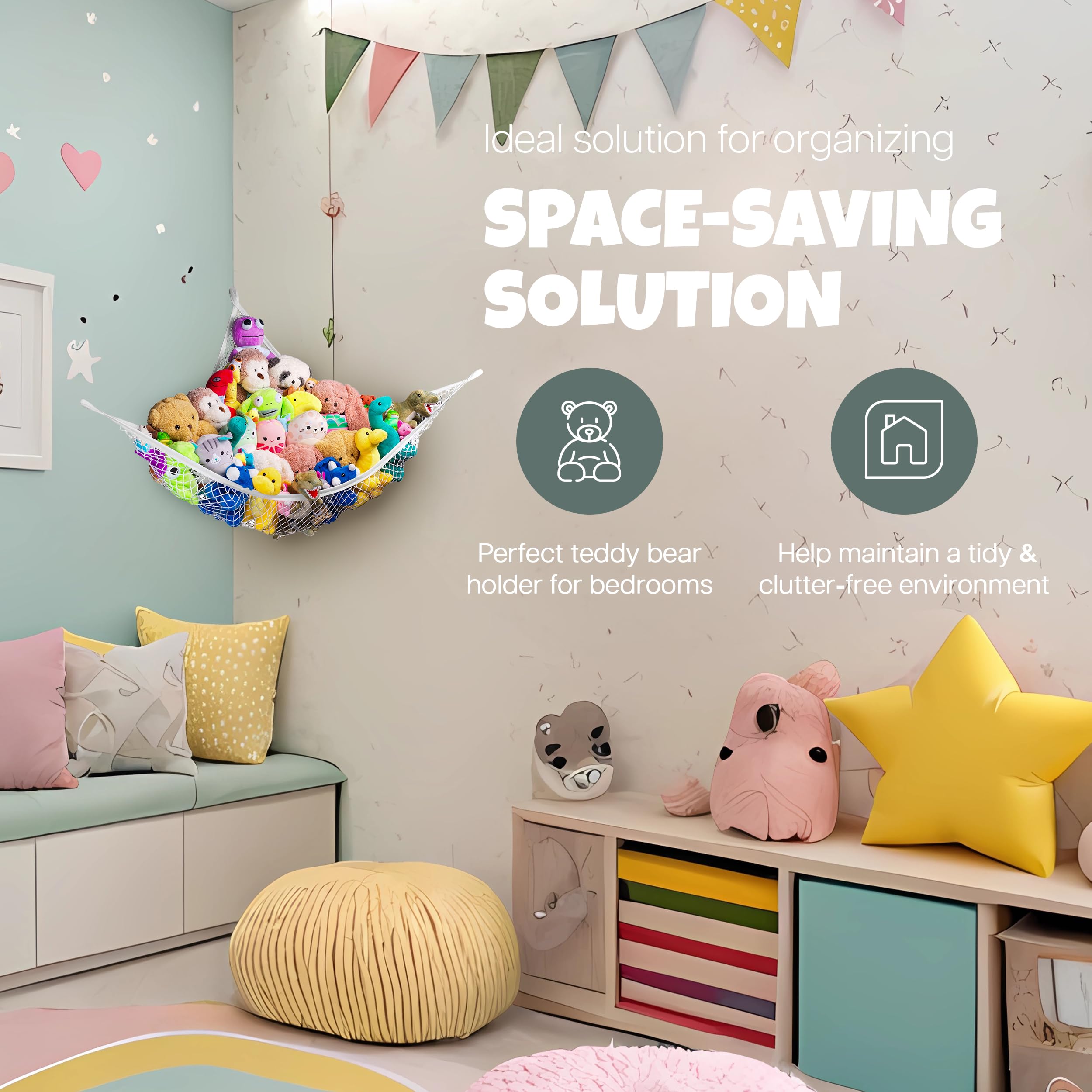 Handy Laundry Stuffed Animal Hammock Corner Net 2-Pack – Stuffed Animal Net & Mesh Toy Organizer for Kids Room – Flexible Storage for Plush Toys, Teddy Bears & Cuddly Favorites – Durable, Easy Install