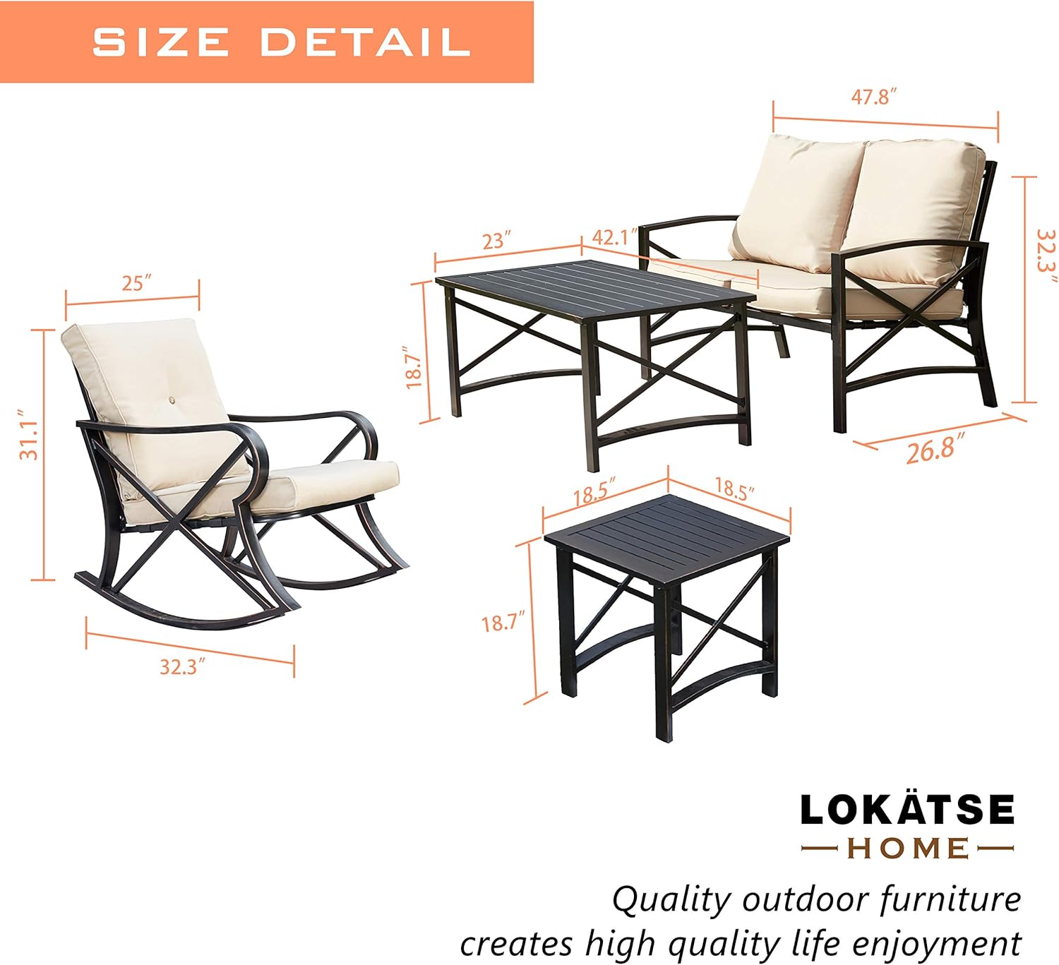 LOKATSE HOME 5 Pieces Patio Conversation Set Outdoor Metal Furniture Padded Deep Seating with Loveseat, 2 Rocking Chairs and 2 Coffee Table, Khaki : Garden & Outdoor