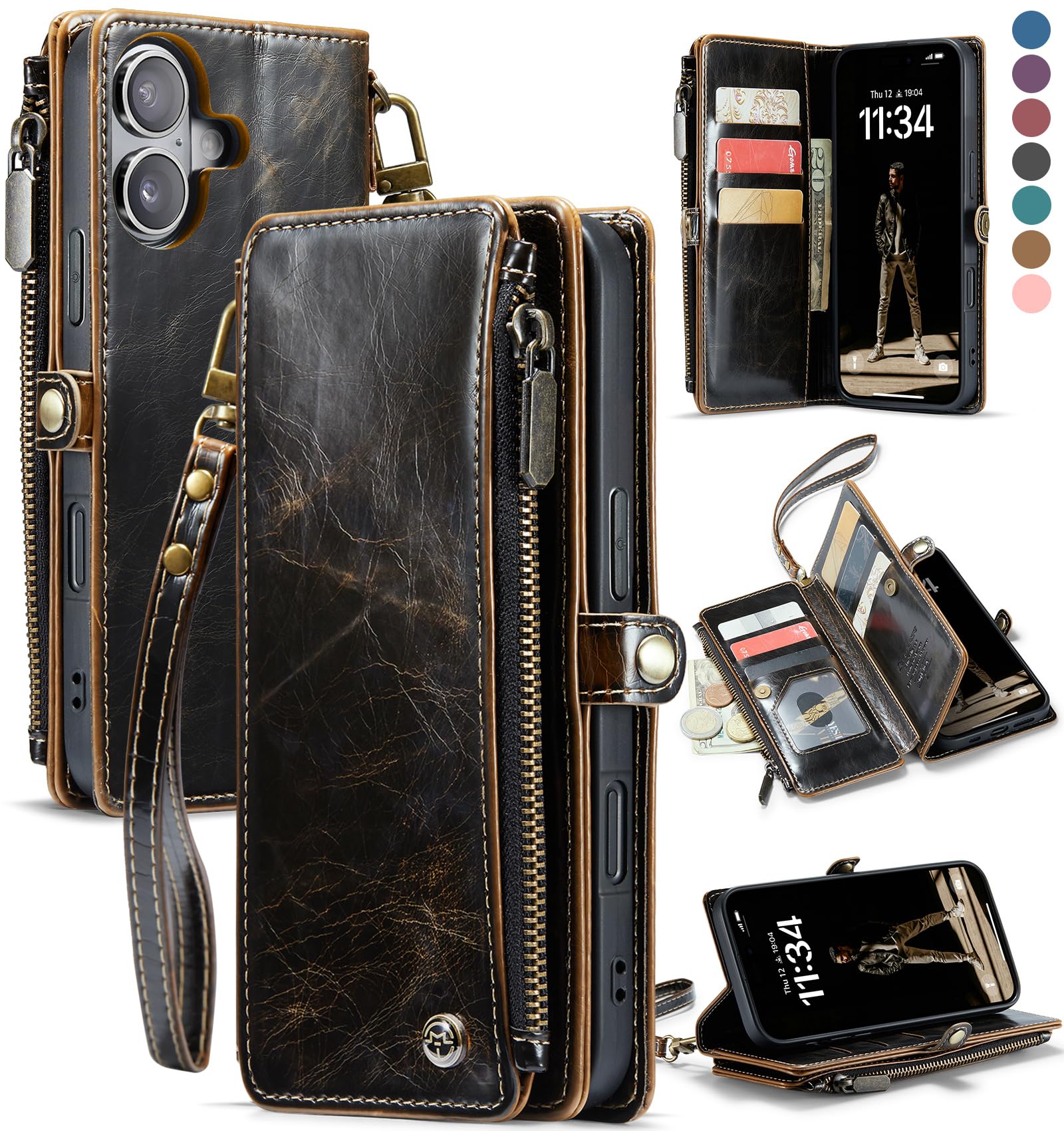 Photo 1 of Defencase Compatible with iPhone 17 Case Wallet with RFID Blocking Card Holder for Women and Men, Fashion PU Leather Magnetic Snap Flip Zipper Strap Wallet Phone Case for iPhone 17 6.3", Coffee