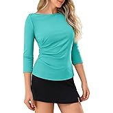 Boat Neck 3/4 Sleeve Tops for Women Ruched Side Ribbed T-Shirts Fitted Casual Basic Tees Summer Fall Outfits Going Out Top