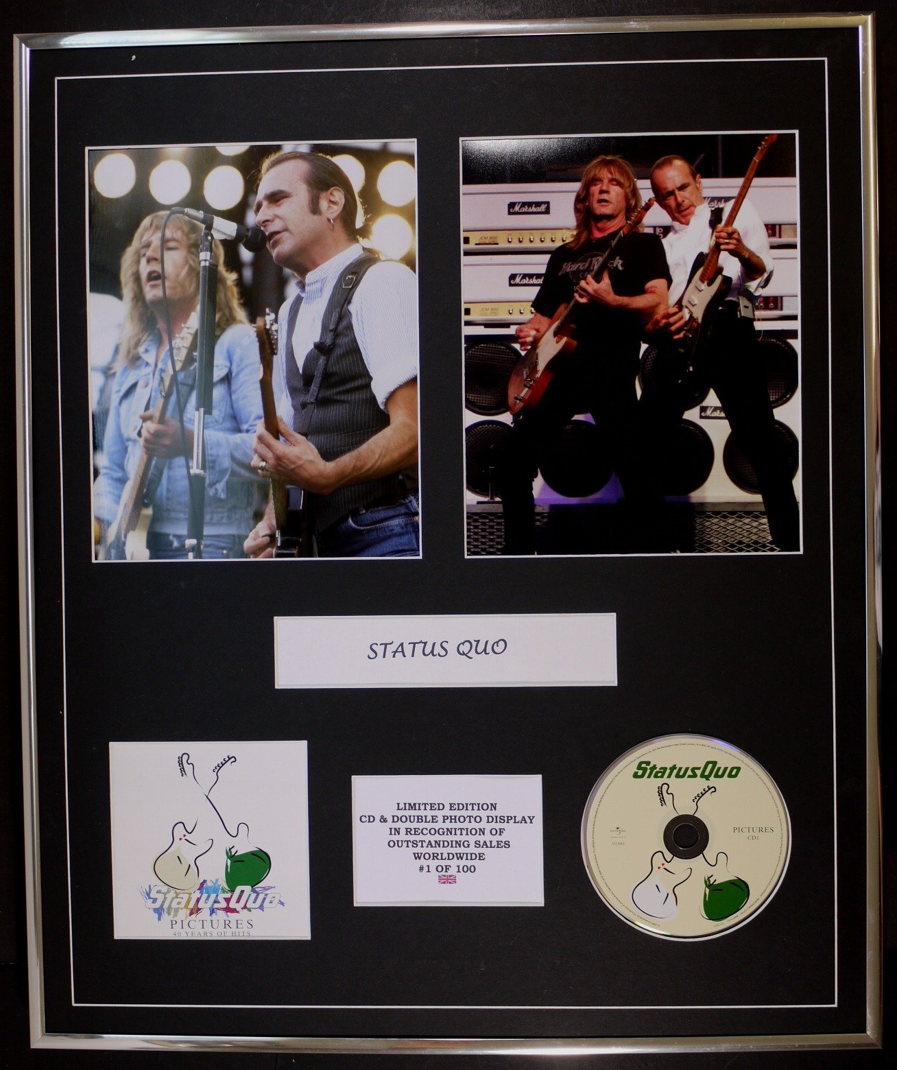 CD & DOUBLE PHOTO DISPLAY STATUS QUO LTD. EDITION/COA/PICTURES 40 YEARS OF HITS