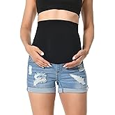 V VOCNI Maternity Denim Shorts Women's Summer High Waist Distressed Cuffed Hem Casual Denim Jean Shorts