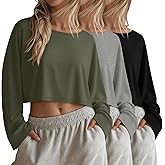 Yearntown 3 Pack Women's Long Sleeve Crop Shirts Loose Fit Cropped Oversized Tees Crew Neck Casual Pullover Tops