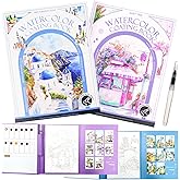 Mulyric 2-Pack Watercolor Painting Books for Adults & Beginners - All-in-One Creative Stress Relief Art Kit with 3-Fold Pad, 32 Pre-Printed Pages, 24 Colors & 2 Brushes (European + Serene Scenery)