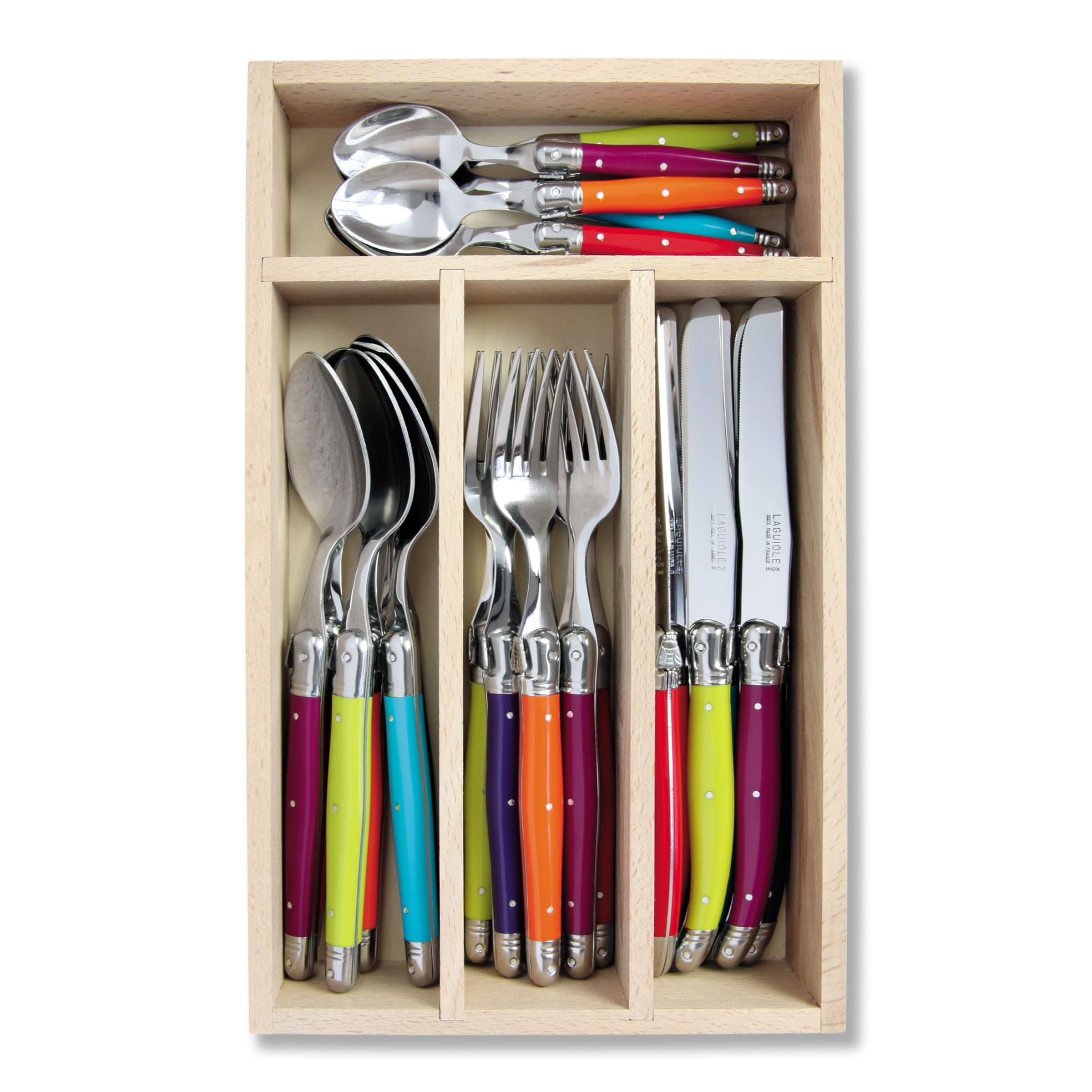Andre Verdier Laguiole 24 Piece Cutlery Set in Wooden Presentation Tray, 100% Made in France - Multi-Colour