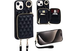 Keallce Case for iPhone 15 Plus 6.7'' Wallet Case, Crossbody Zipper Purse with Handbag Wristlet for Women, RFID Blocking Card Holders, 360° Ring Kickstand Flip Leather Cover for iPhone 15 Plus, Black