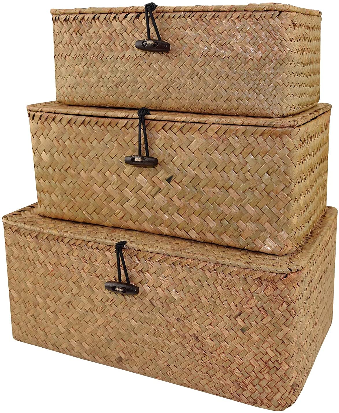 Set of 3 Wicker Storage Baskets with Lids, Natural Rattan Woven Rectangular Organizer Box, Seagrass Laundry Baskets Makeup Organizer for Bedroom Closet, Living Room, Household