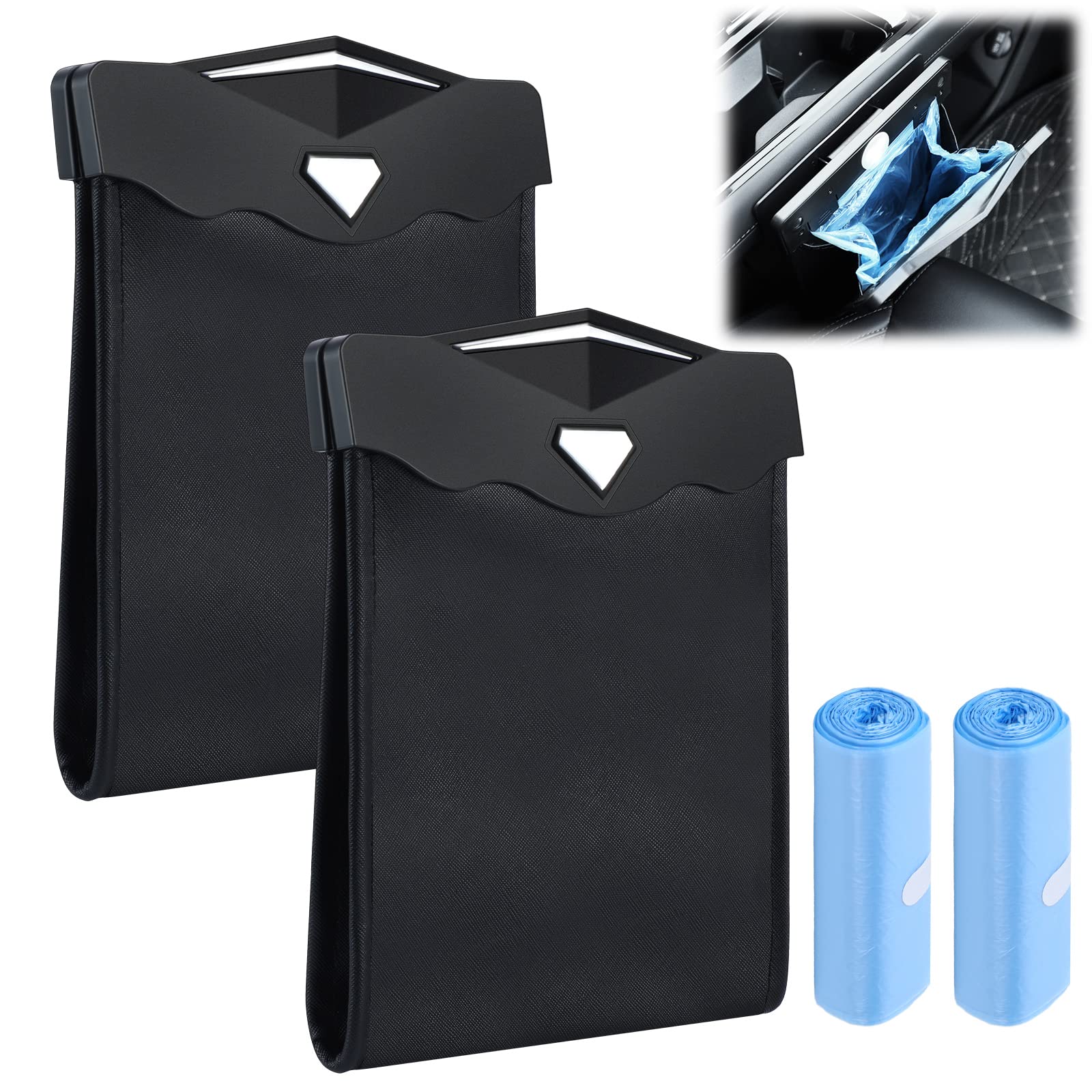 Photo 1 of Fuutreo 2 Pcs Smart LED Car Trash Cans Waterproof Garbage Bags with 30pcs Disposable Trash Bags Hanging Leather Magnet Car Storage Pocket Vehicle Rubbish Bin Garbage Cans(9.5 x 7.1'',Black)