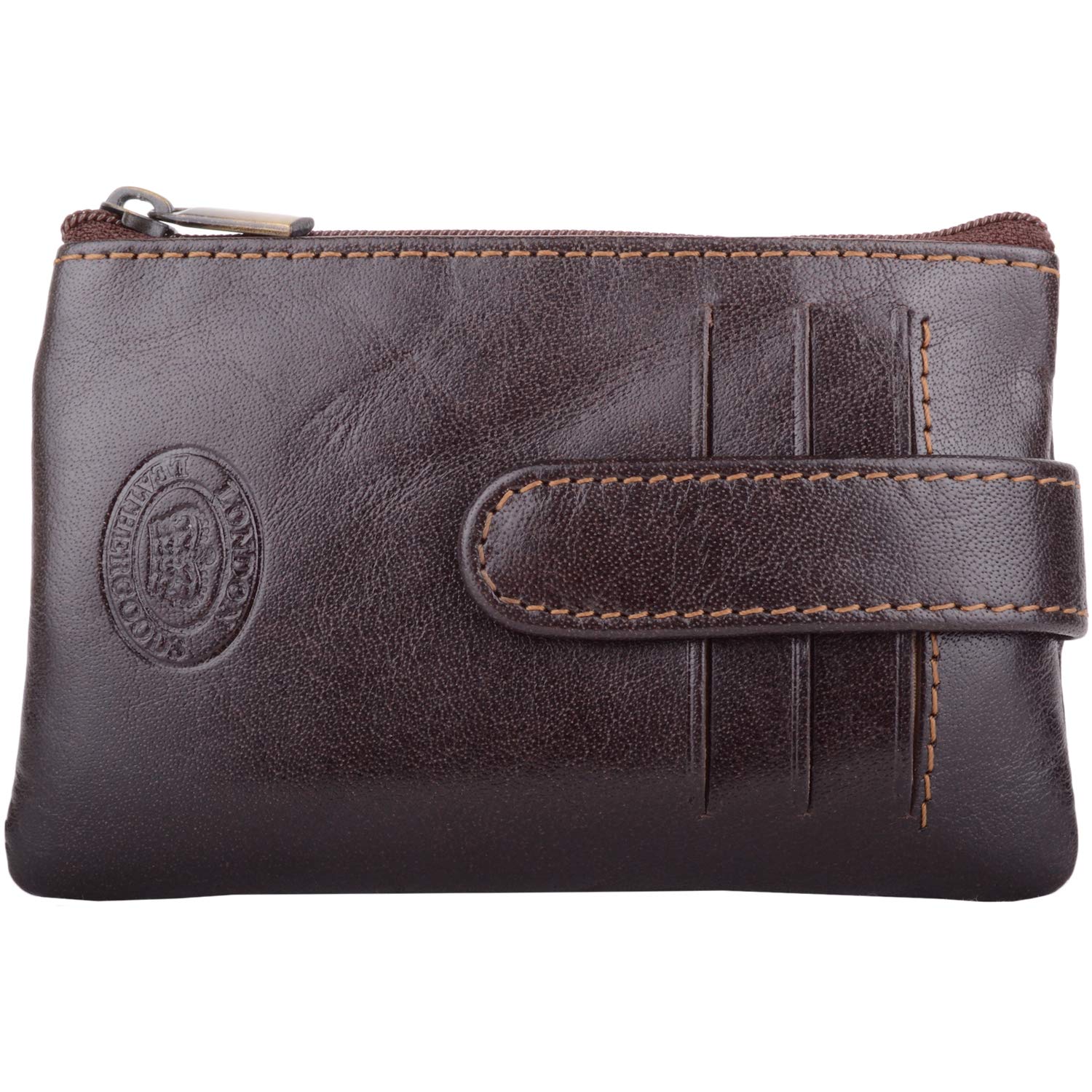 Mens Genuine Leather Real Leather Credit Card Money Coin Wallet with Key Chain - Dark Brown