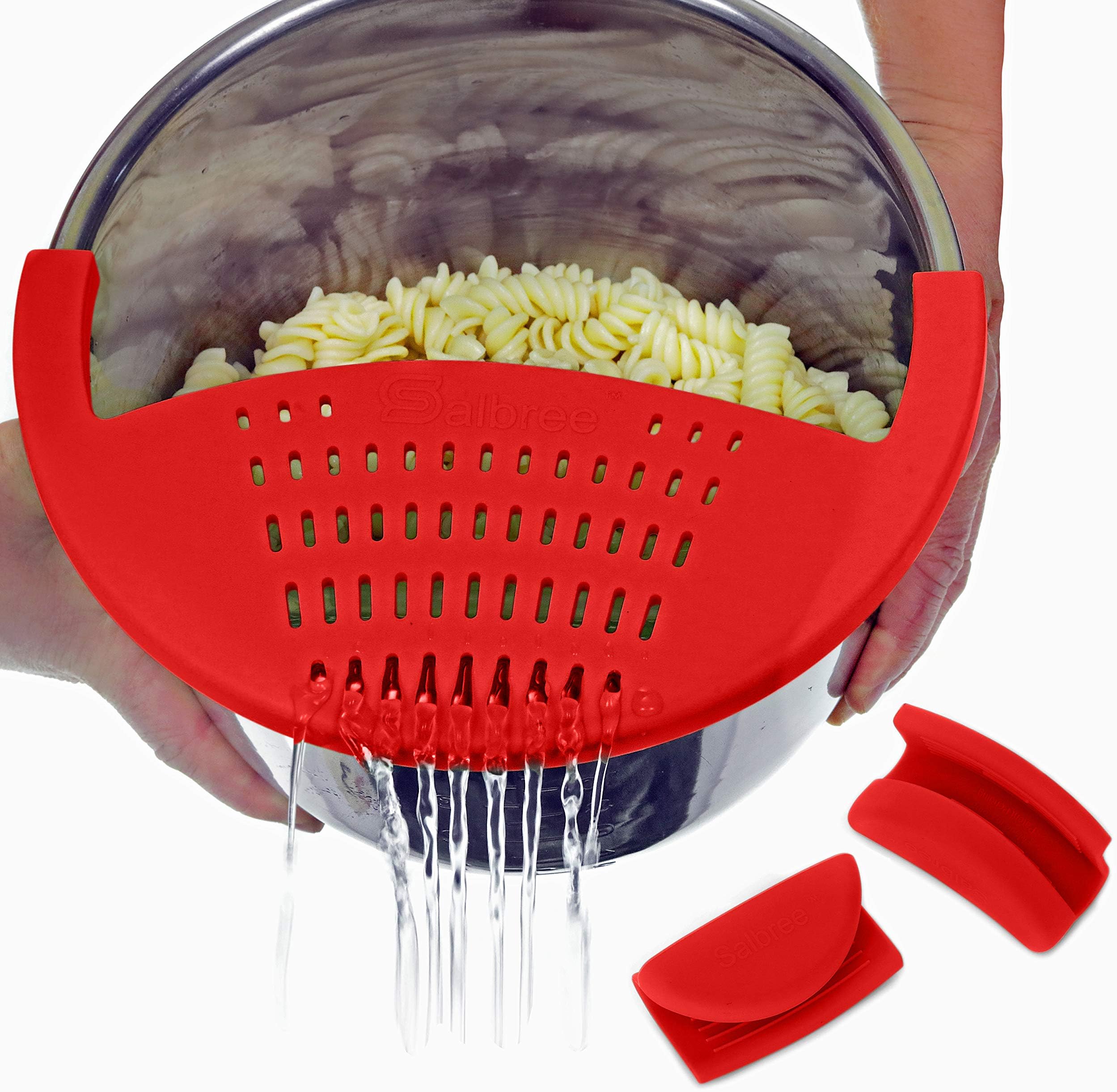 Salbree Silicone Snap Vegetable and Ground Beef Grease Strainer fits Instant Pot Accessories and Snaps to the 6 quart Instapot Pressure Cooker Inner Pan Small Mitts Set Included (6qt, red)