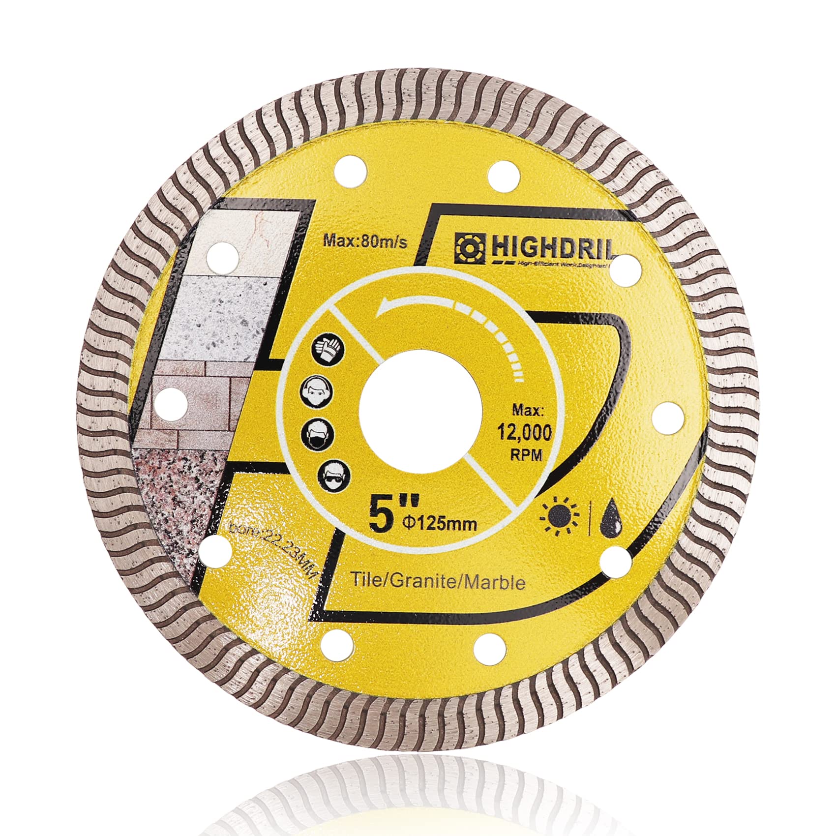 HIGHDRIL Diamond Cutting Disc - 125MM Diamond Tile Blade with 22.23MM Arbor, Dry or Wet Cutting Disc for Porcelain Tile Ceramic Granite Marble Hard Material Masonry