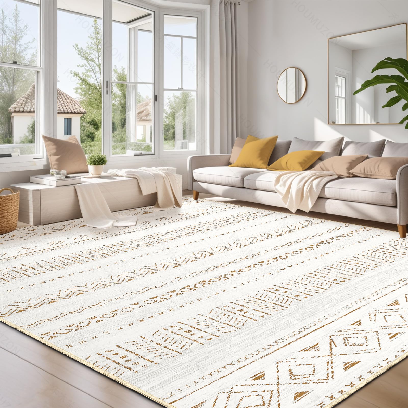cotiled 6x9 Area Rug for Living Room, Washable Non-Slip Large Area Rug, Indoor Floor Carpet Low Pile Soft Boho Farmhouse Rug for Bedroom Dining Room (Brown Cream,6'x9') Image