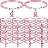 Huquary 24/48 Pcs Breast Cancer Awareness Bracelets Bulk Breast Cancer Gifts for Women Pink Ribbon Lapel Pins Cord Bracelets Inspirational Wristband Accessories for Survivor Gifts Party Favor