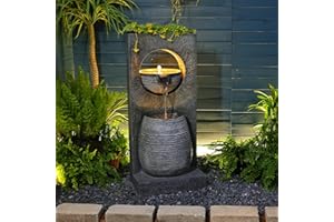 BUMILGAR Water Fountain Outdoor Indoor - Modern Waterfall Garden Freestanding Fountain Curved Surface Artistry Design with LED Lights and Light Strip for Home Decor Patio Yard Pool,37.4 inches Tall