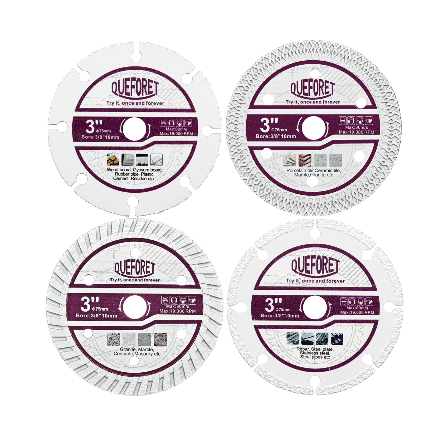 QUEFORET 75mm Saw Blades Set 4pcs - Carbide Blade for Wood, Tile Cutting Disc for Ceramic, Diamond Concrete Cutting Disc for Masonry, Diamond Steel Blade for Rebar, with 10mm Arbor